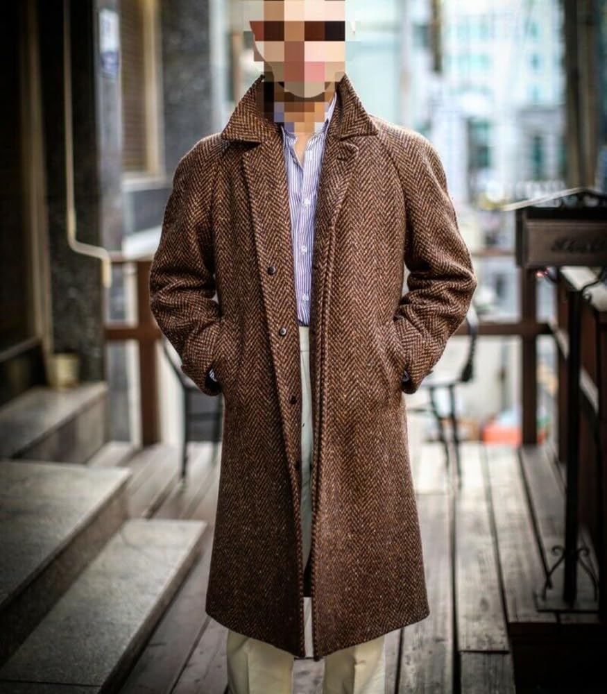 OLD KRIZIA UOMO　Herringbone Tweed Coat Pkrboro Men's Herringbone Tweed Overcoat Single Breasted Button